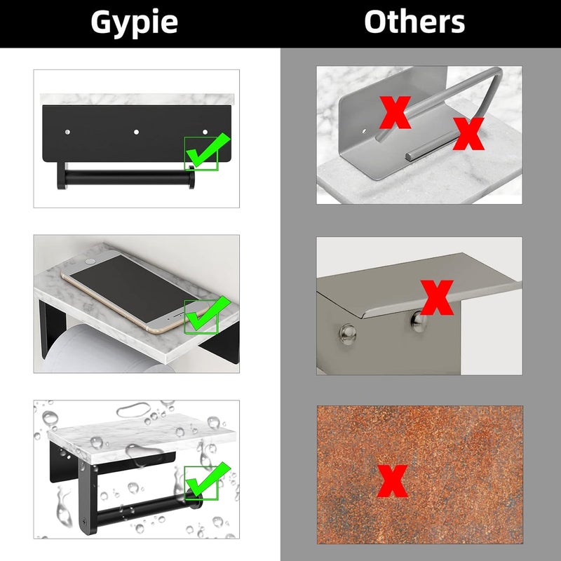 Gypie Marble Toilet Paper Holder with Shelf, 304 Stainless Steel Screw Wall Mounted, Tissue Roll Holder for Bathroom Washroom Matte Black - Image 4